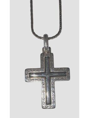 Silver Cross Pendant Necklace with Red/Orange Inlay & Heart Charm 18” Chain